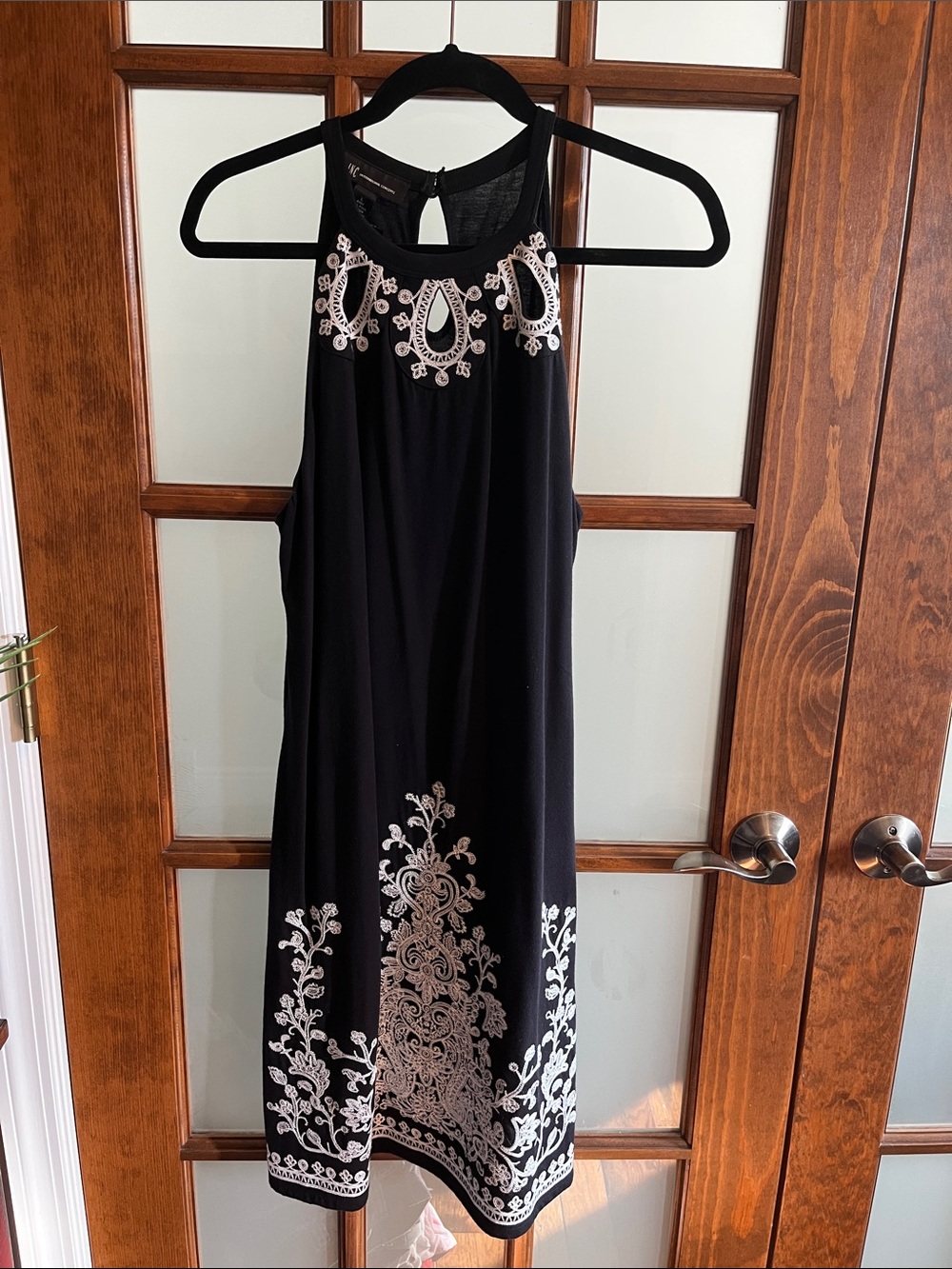 INC International Concepts Black Midi Dress with White Embroidery